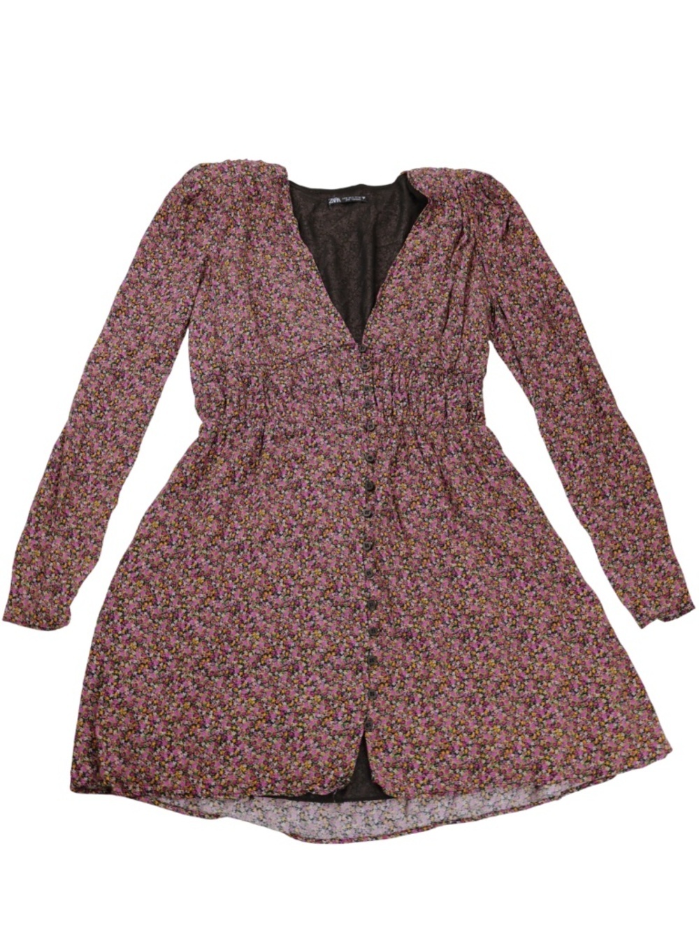Zara Basics Floral Mini Dress Medium Pink Purple Button Front Long Sleeve